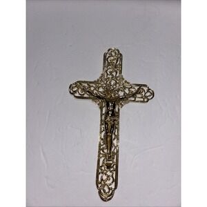 Vintage Crucifix Cross Wall Hanging Filigree Goldtone Metal Jesus INRI